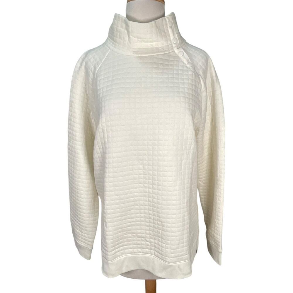 T by Talbots Quilted Mock Neck Snap Sweatshirt Large Off White Cozy Winter Cabin